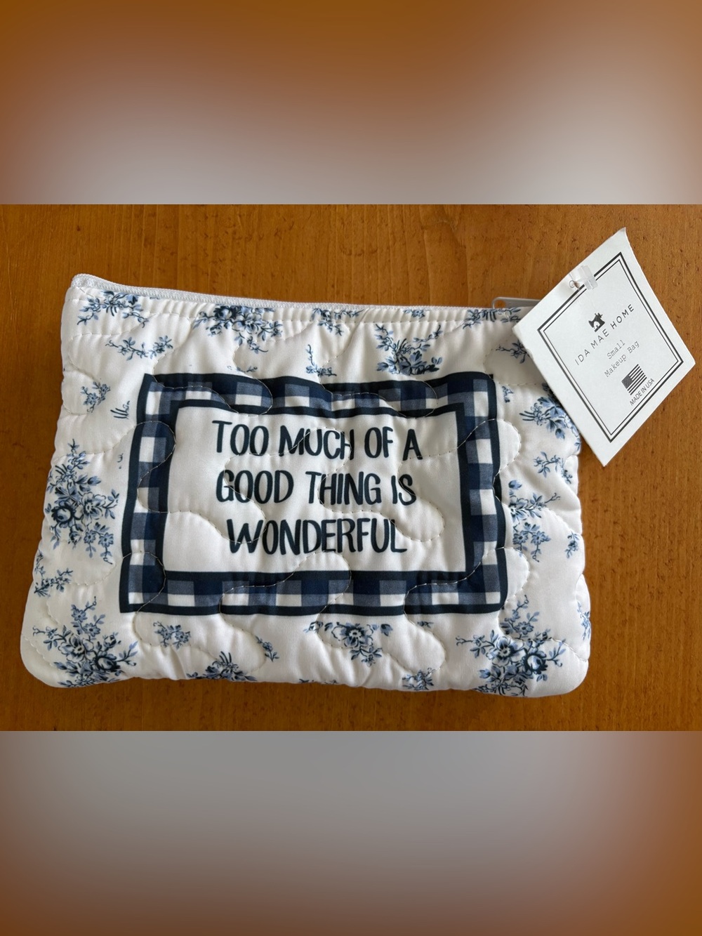 IDA MAE HOME, Small Makeup Bag, blue & white quilted floral, Brand New